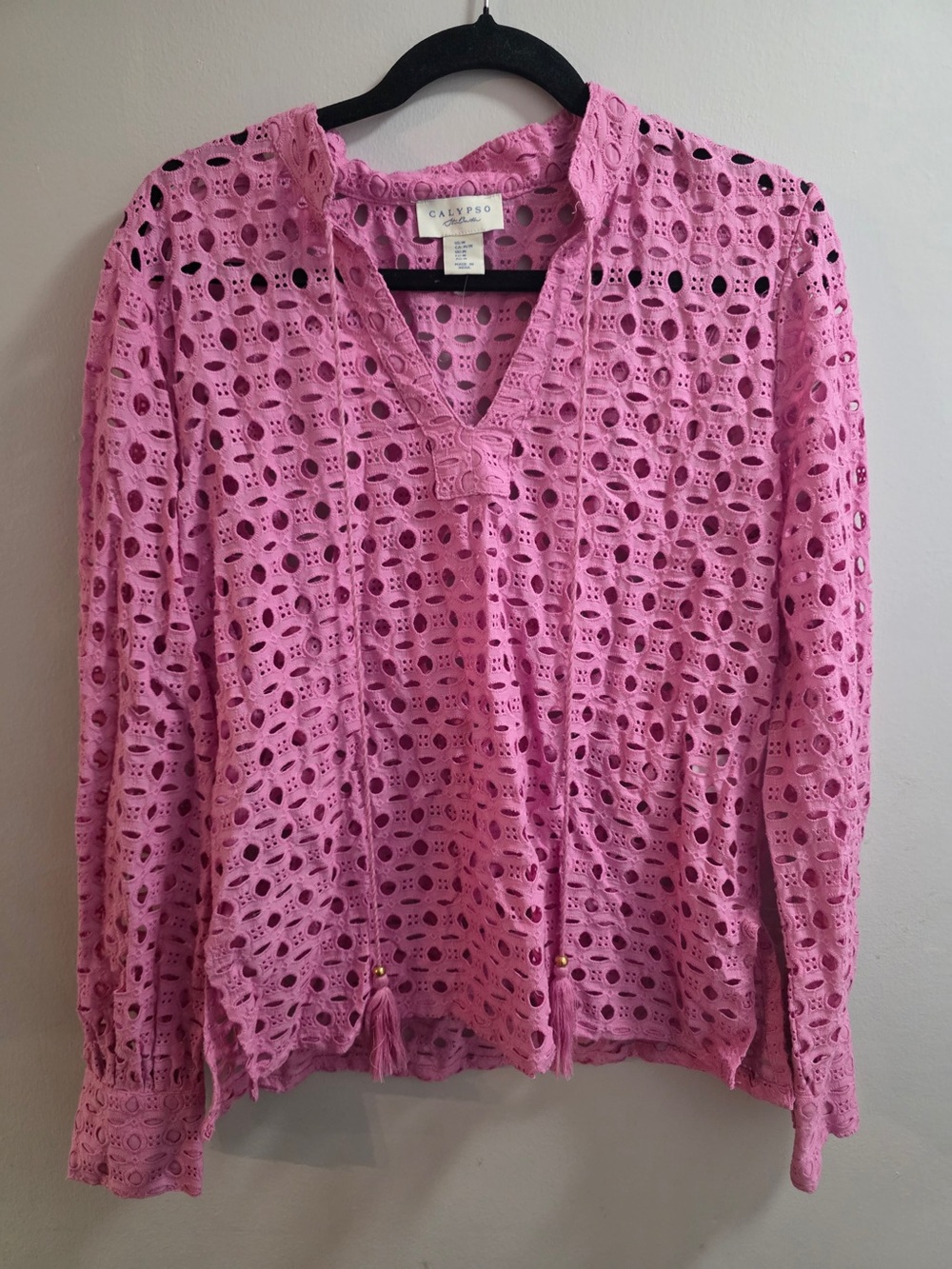 Calypso‎ St. Barth Pink Eyelet V‑Neck Blouse 100% Cotton Sz M